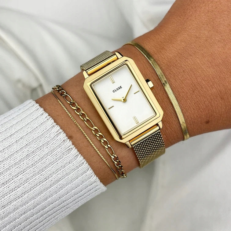 LADIES WATCH CLUSE CW11508 FLUETTE STEEL RECTANGULAR WHITE-GOLD +BOX Packaging status original