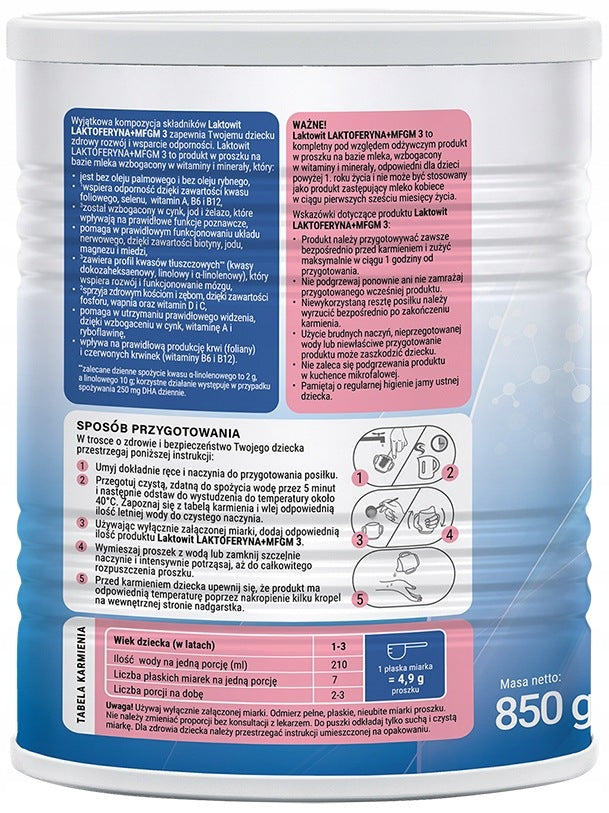 LAKTOWIT LACTOFERRIN + MFGM 3 - MILK AFTER 12 MONTHS 850G Packaging status original