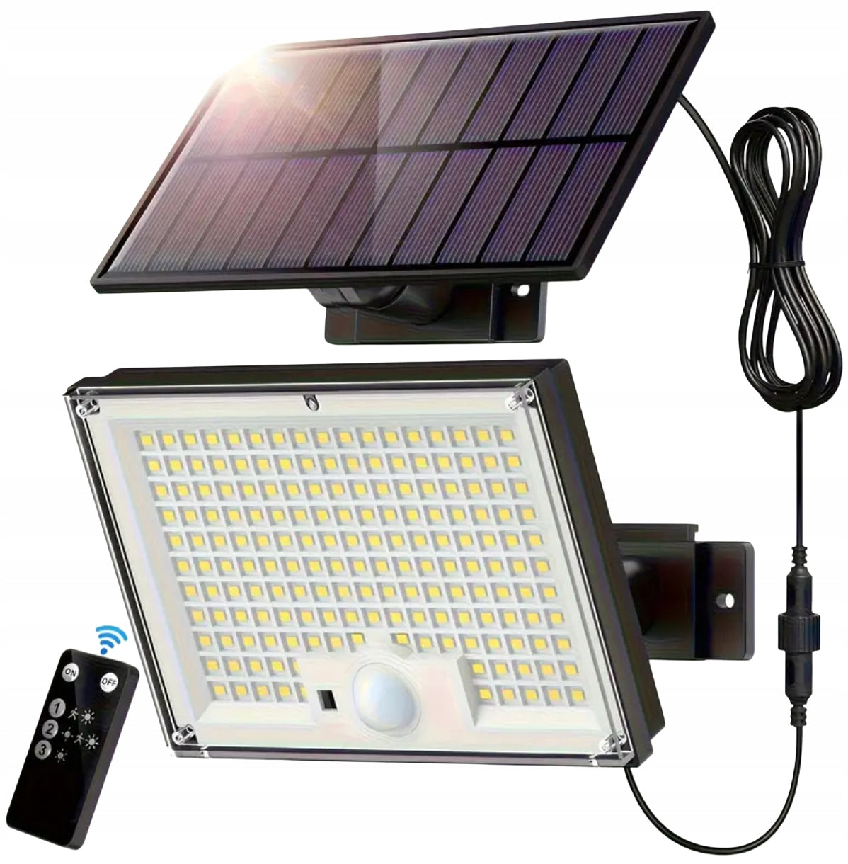 LAMPA SOLARNA LED 300W Z OSOBNYM PANELEM PILOT Z CZUJNIKIEM ZMIERZCHU RUCHU Packaging status original