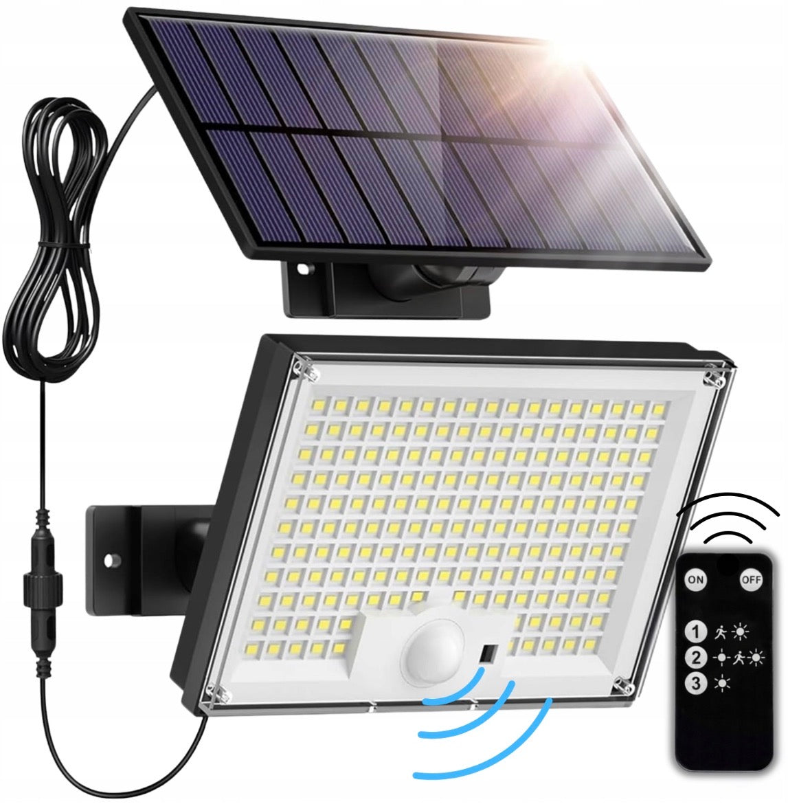 LAMPA SOLARNA LED 300W Z OSOBNYM PANELEM PILOT Z CZUJNIKIEM ZMIERZCHU RUCHU