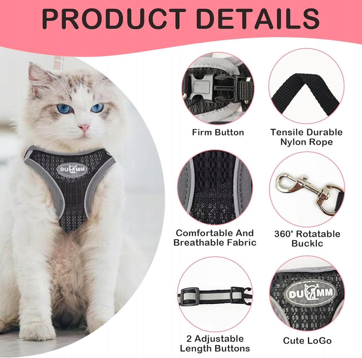 LANYARD CAT HARNESS ADJUSTABLE BREATHABLE MESH WITH REFLECTORS Brand Lin