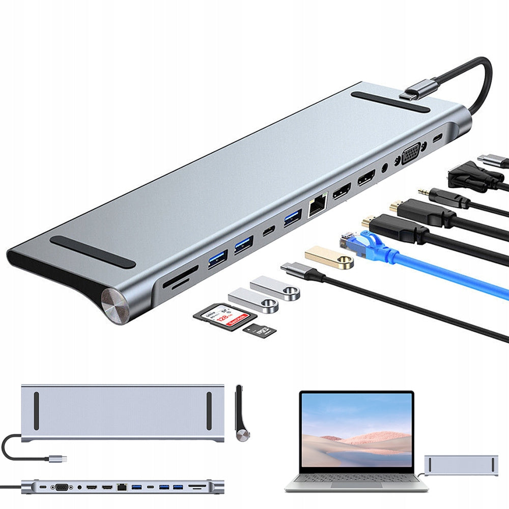 LAPTOP DOCKING STATION 12IN1 HUB HDMI+HDMI+VGA 4K USB TYPE C SD/TF 3.5MM