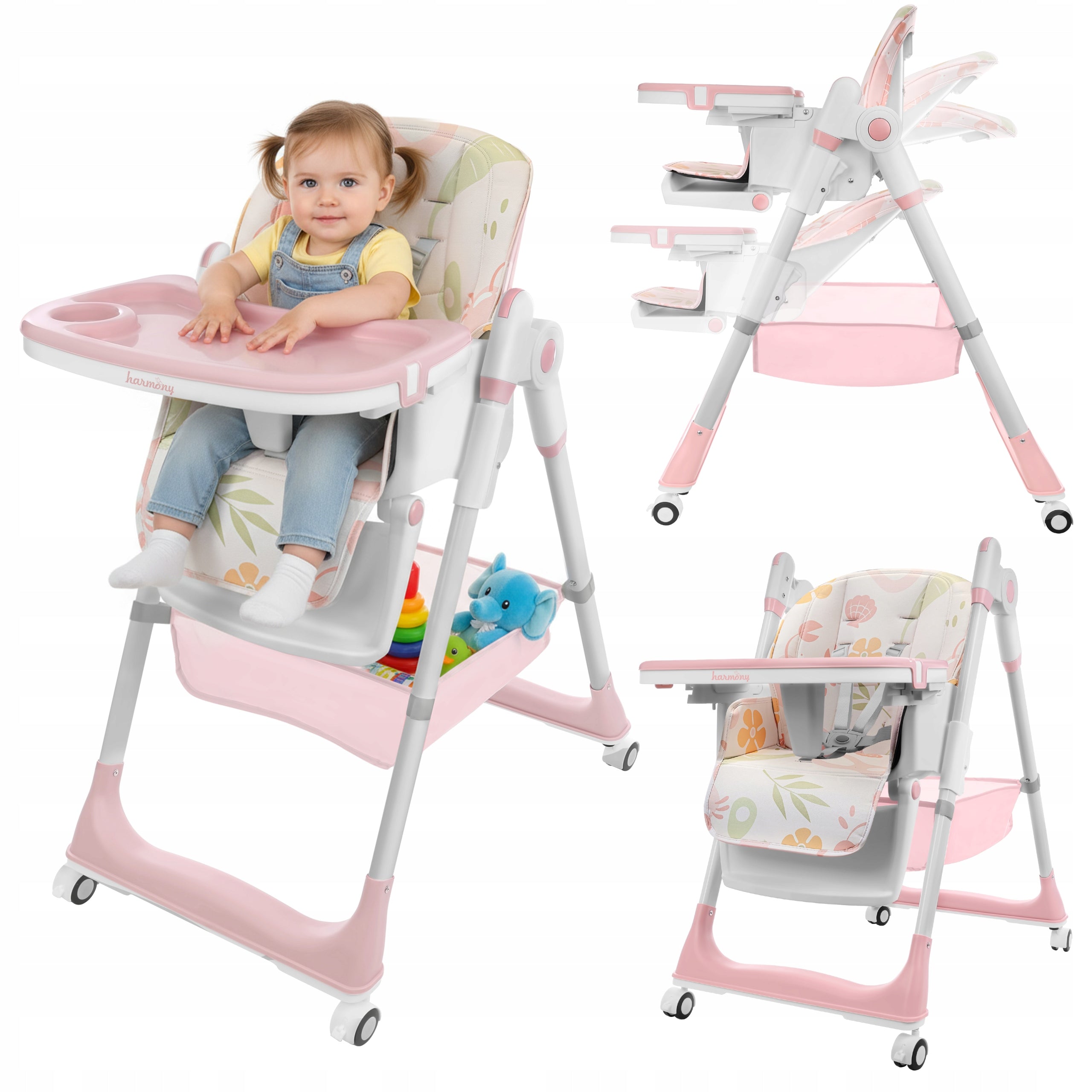 LARGE 5IN1 FOLDING HIGHCHAIR WITH PINK LOWERING FUNCTION
