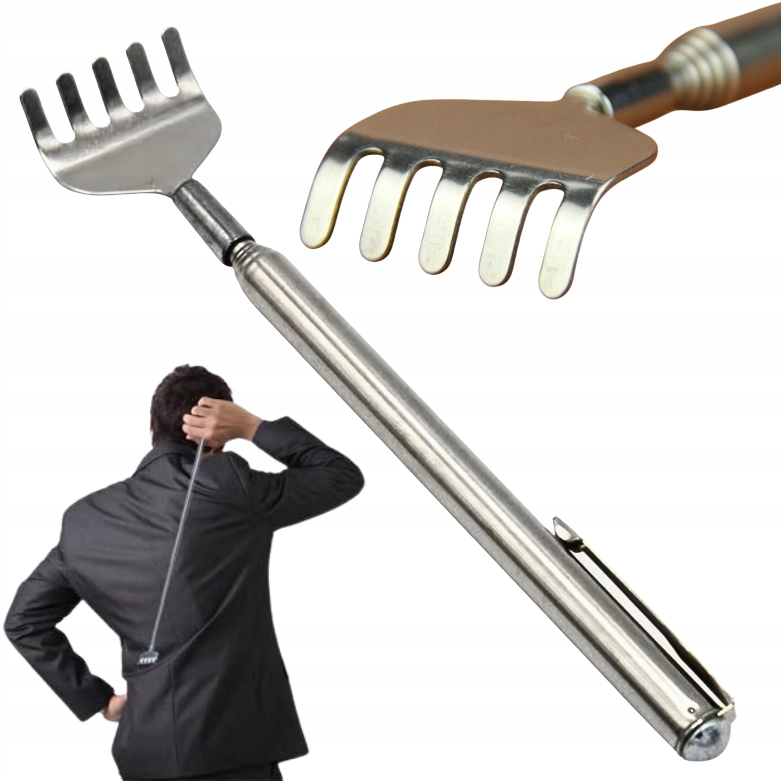 LARGE BACK SCRATCHER TELESCOPIC FOLDING STAINLESS STEEL POCKET