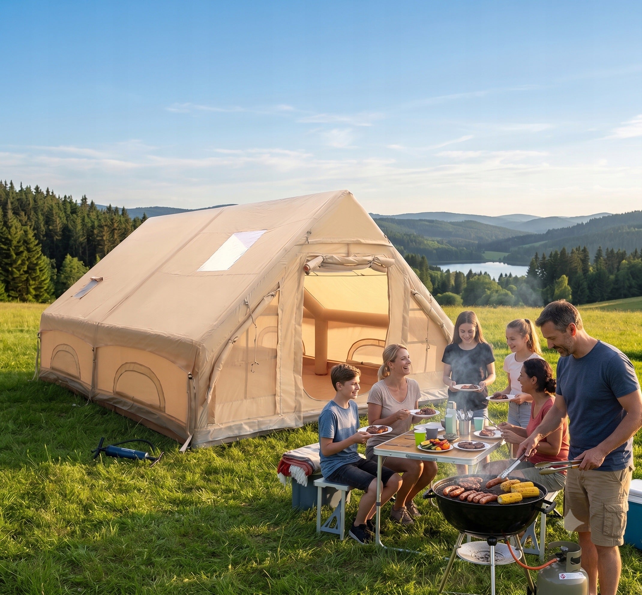 LARGE CAMPING TENT PUMPED 8 PERSON INFLATABLE 12m2 400x300cm+PUMP Packaging status original