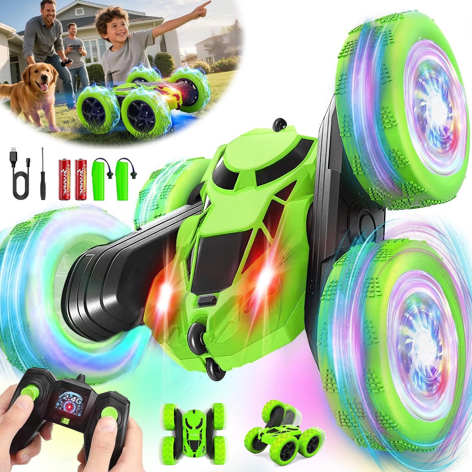 LARGE CAR REMOTE CONTROLLED CAR RC GREEN OFF-ROAD 4X4+2 BATTERIES