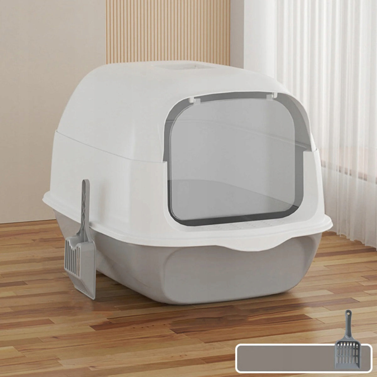 LARGE CAT LITTER BOX CLOSED WITH DOOR AND FRAGRANCE FILTER + SPATULA Trade name Zamknięta kuweta na żwirek dla kota szara