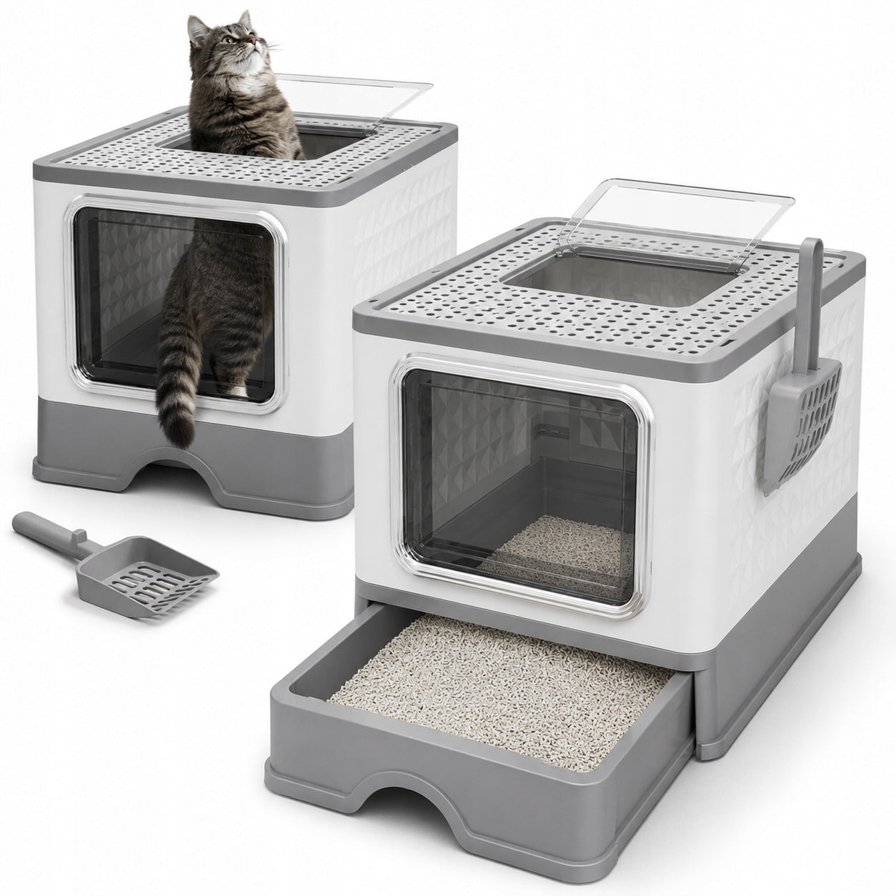 LARGE CAT LITTER BOX WITH SPATULA DRAWER CLOSED FOLDING