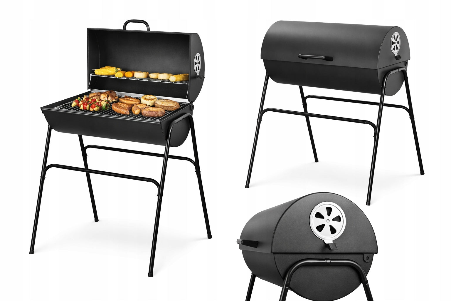 LARGE CHARCOAL GARDEN GRILL CLOSED TABLE WITH BARREL COVER GRILL MEISTER