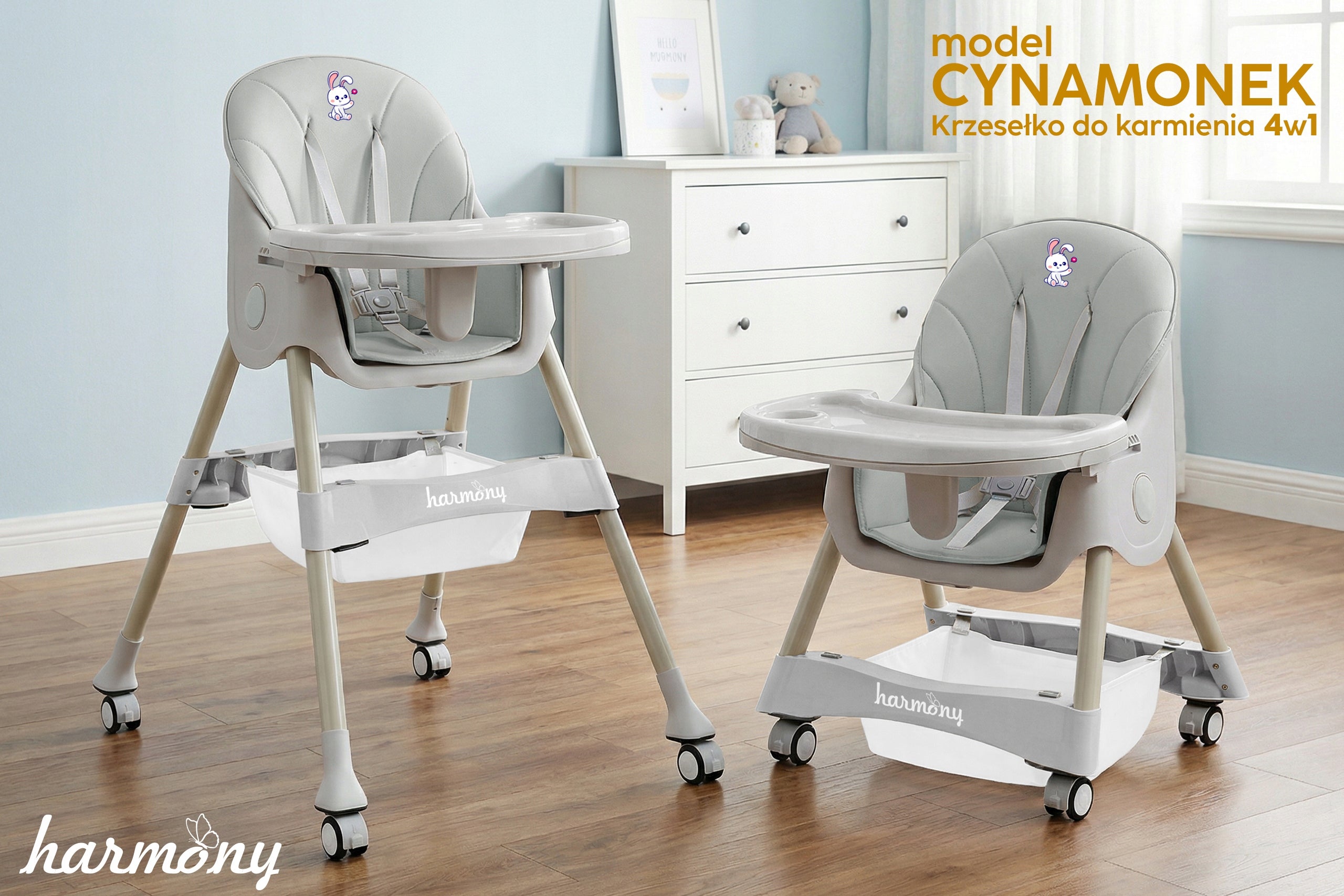 LARGE CHILDREN'S HIGH CHAIR CINNAMON 4IN1 GREY Brand Harmony