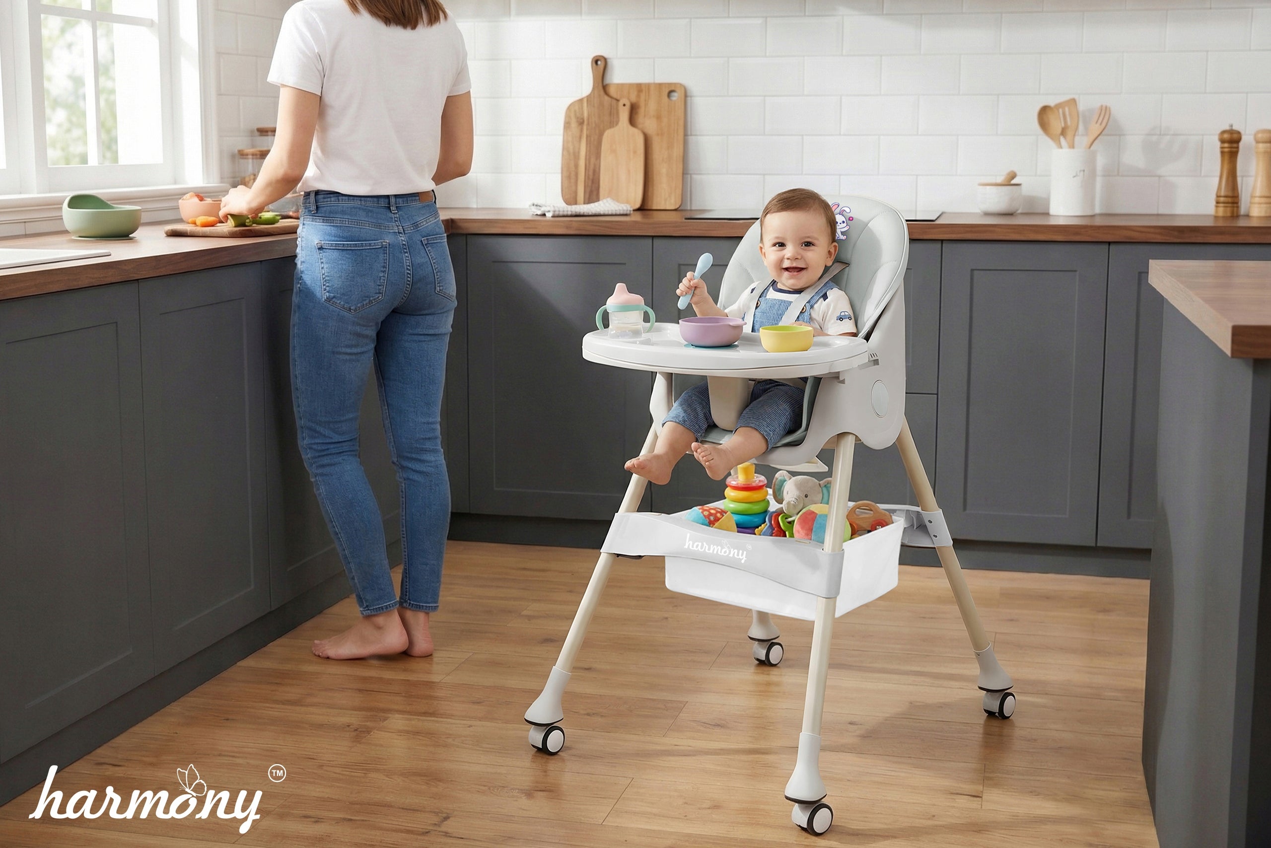 LARGE CHILDREN'S HIGH CHAIR CINNAMON 4IN1 GREY Color shades of gray and silver