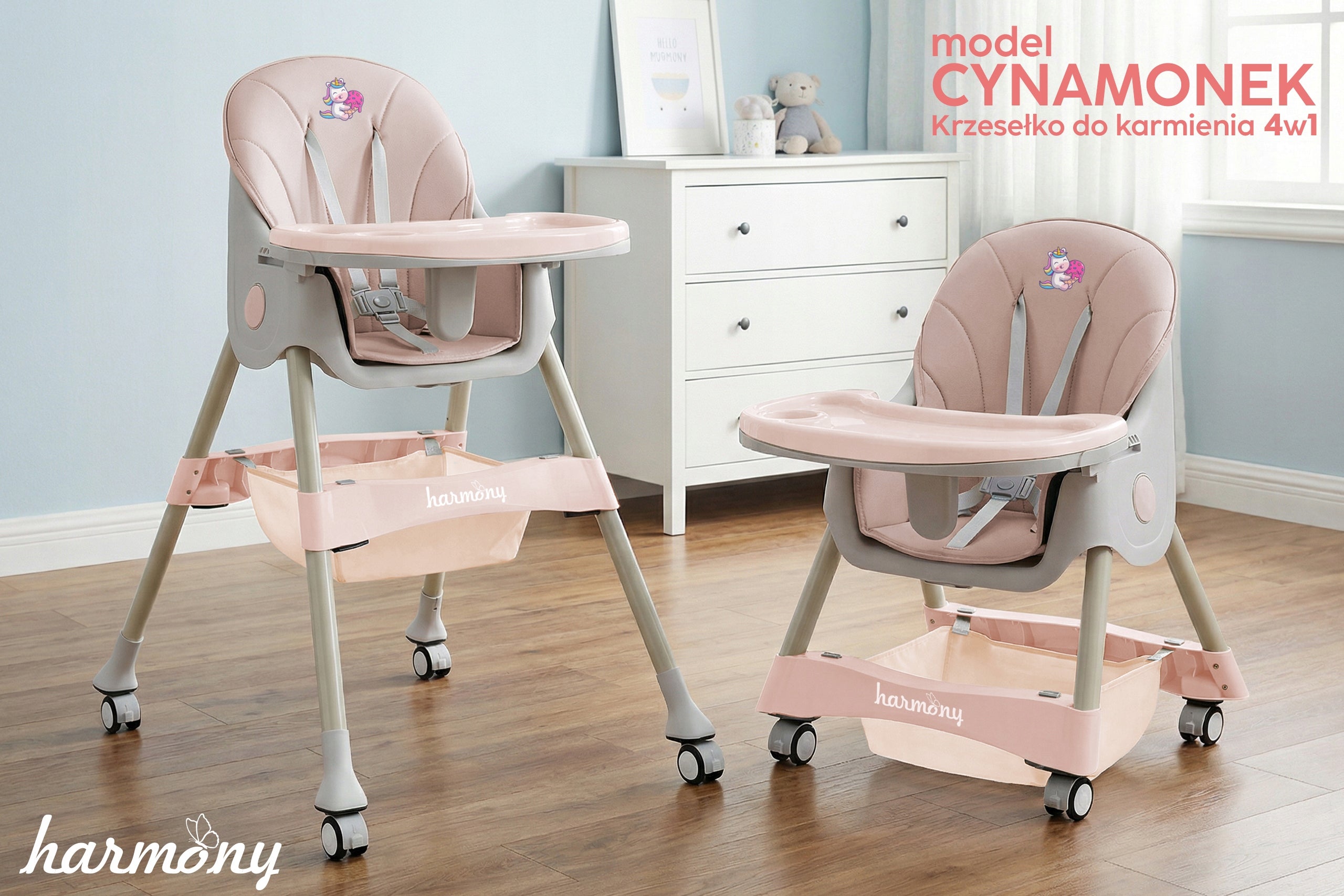 LARGE CHILDREN'S HIGH CHAIR CINNAMON 4IN1 PINK Color pink