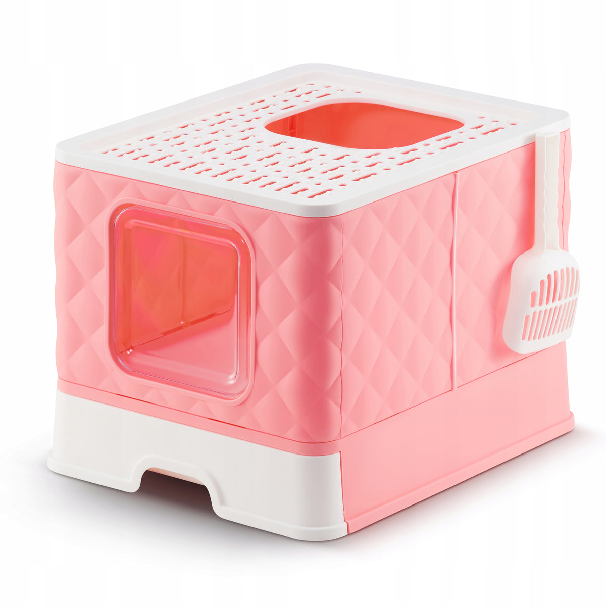 LARGE CLOSED PINK CAT LITTER BOX WITH PULL-OUT DRAWER AND SPATULA