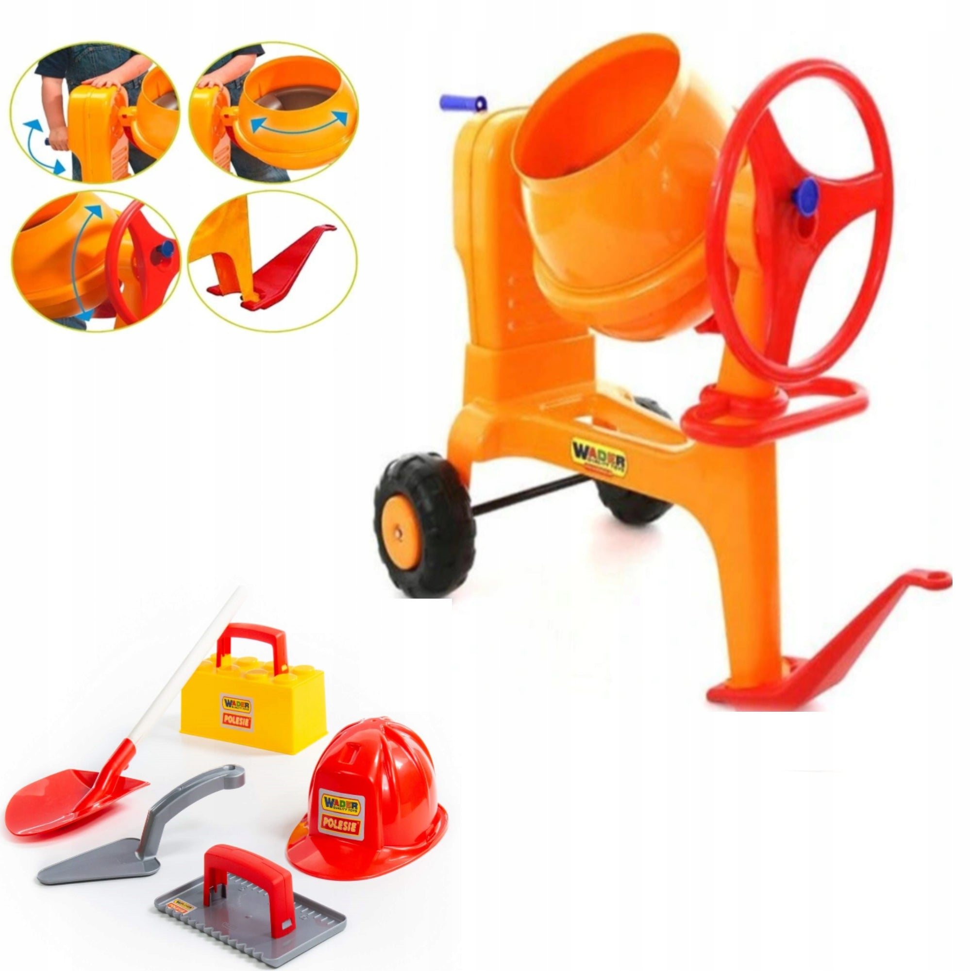 LARGE CONCRETE MIXER WITH HOOK + BUILDER BRICKLAYER SET WADER POLESIE XXL