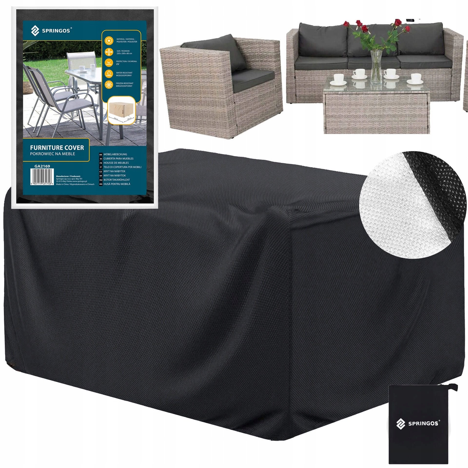 LARGE COVER FOR GARDEN FURNITURE 250x205x75cm BLACK WATERPROOF TARPAULIN Product width 200 cm