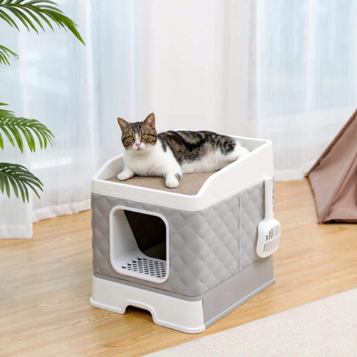 LARGE COVERED LITTER BOX WITH DRAWER AND SCRATCHING POST + CAT LITTER SPATULA Brand no brand