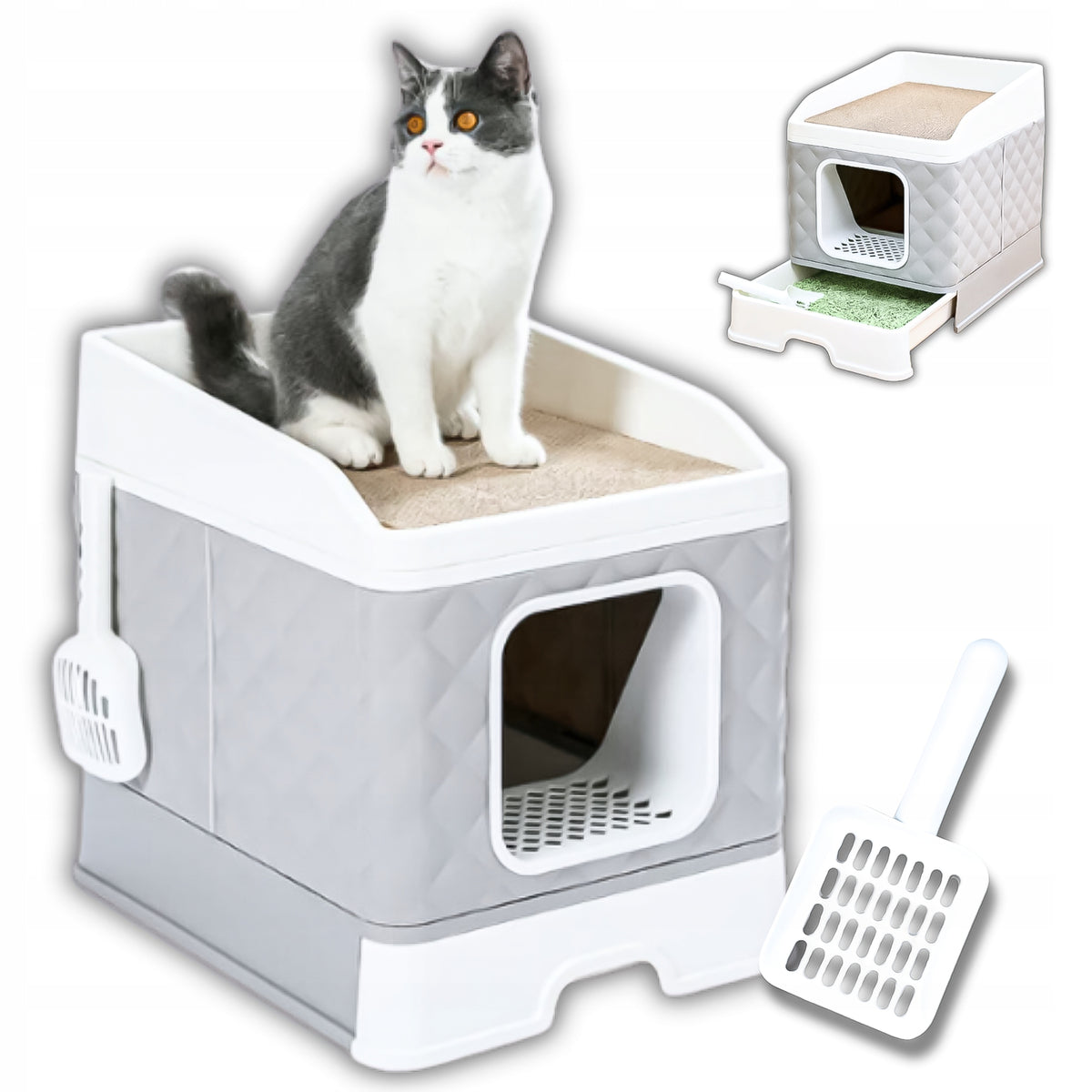 LARGE COVERED LITTER BOX WITH DRAWER AND SCRATCHING POST + CAT LITTER SPATULA
