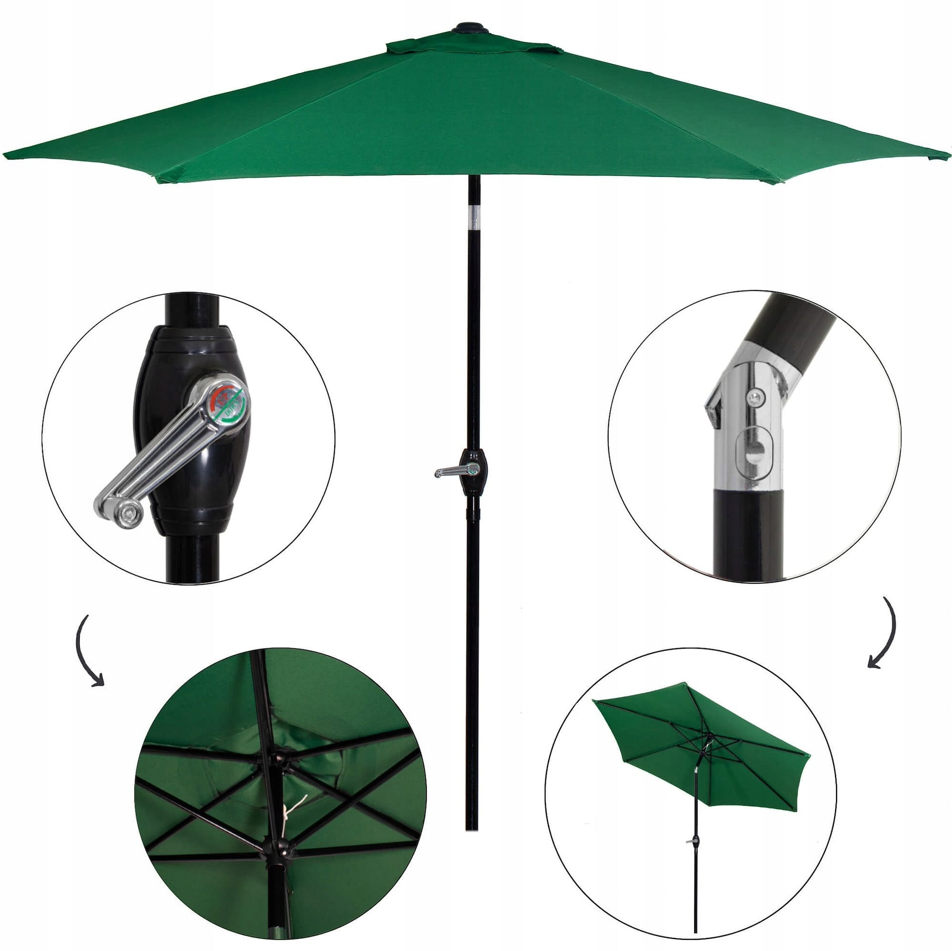 LARGE FOLDABLE GARDEN UMBRELLA, GREEN, BROKEN, STRONG, 260 cm, WITH A CRANK, SOLID Manufacturer code GU0033