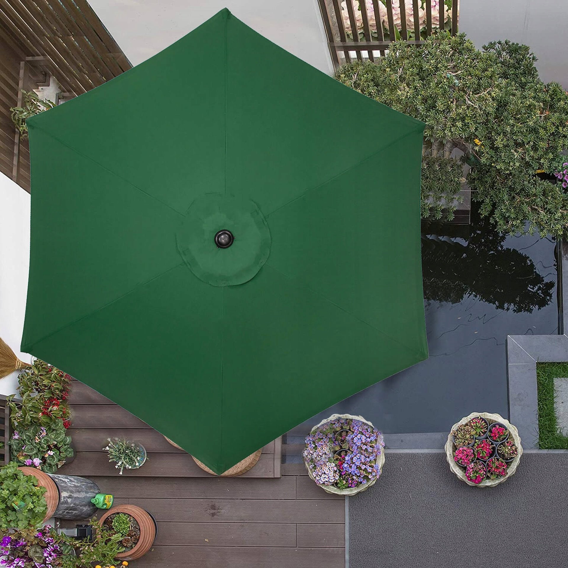 LARGE FOLDABLE GARDEN UMBRELLA, GREEN, BROKEN, STRONG, 260 cm, WITH A CRANK, SOLID Product height 235 cm