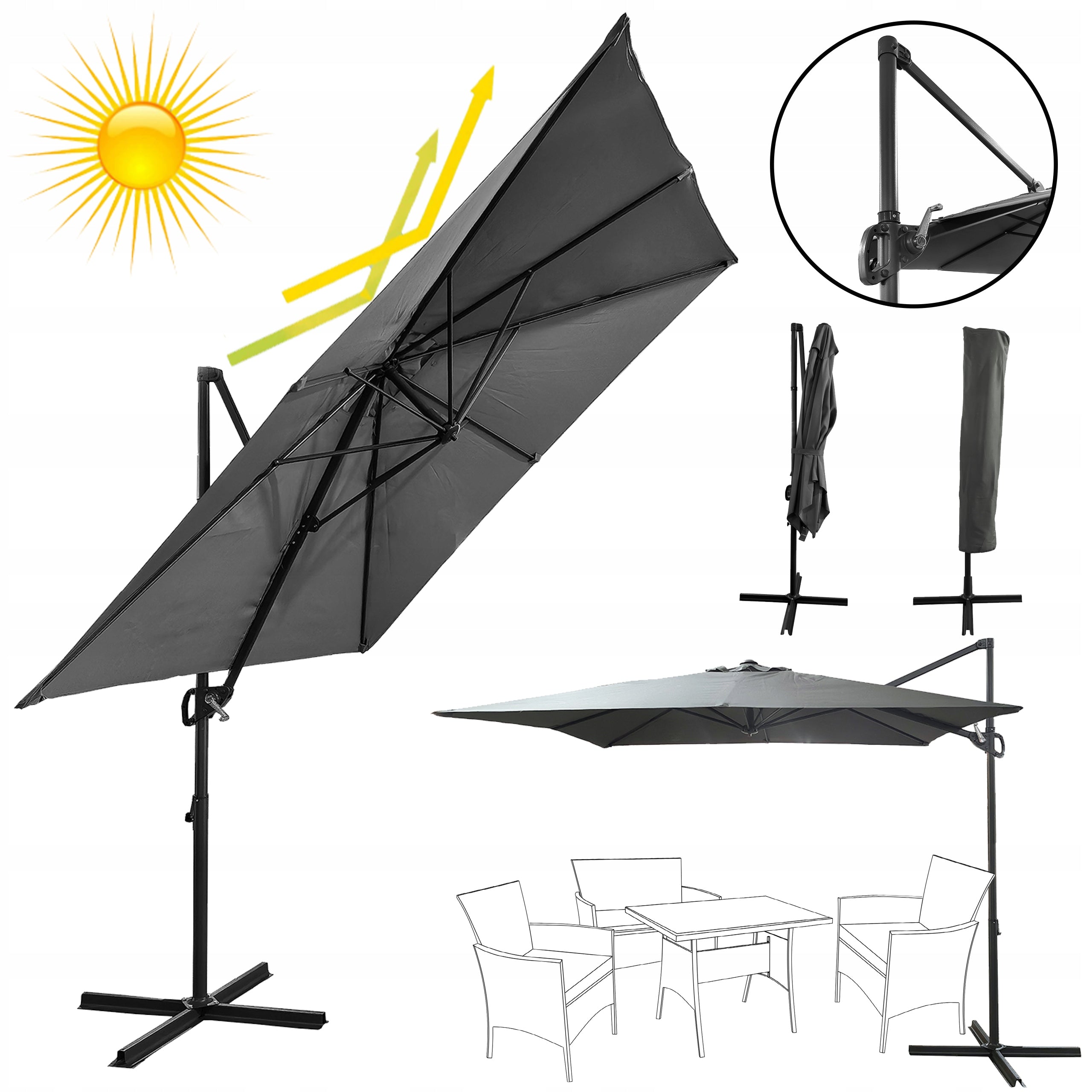 LARGE FOLDING ADJUSTABLE GARDEN UMBRELLA 250x250cm SEATTLE DARK GREY Packaging status original