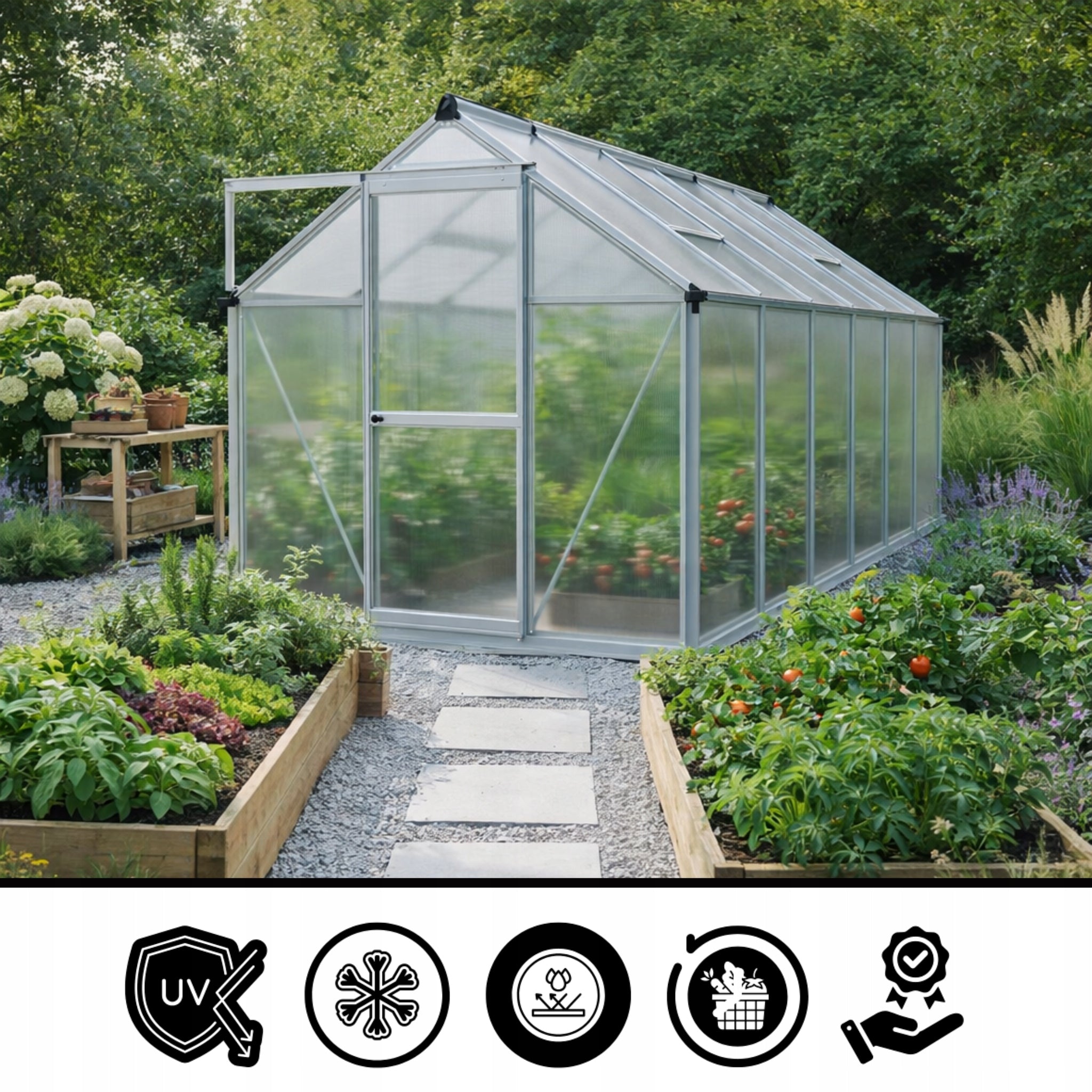 LARGE GARDEN GREENHOUSE 4X2 POLYCARBONATE COTTAGE TUNNEL 361X183CM 6,25M2 WINDOWS Manufacturer code 5905842543911