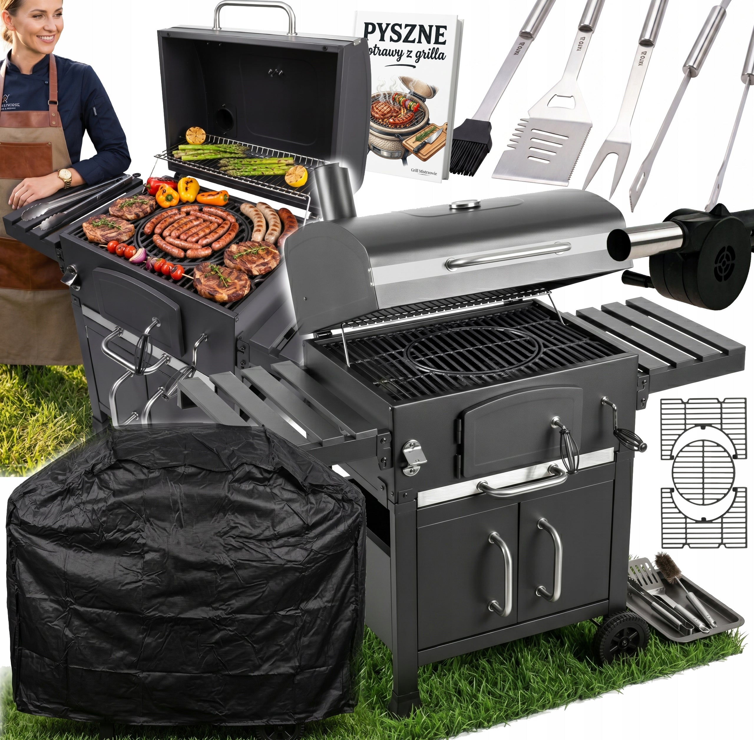 LARGE GARDEN GRILL CARBON XXL CAST IRON GRATE ASHTRAY THERMOMETER + FREEBIE!