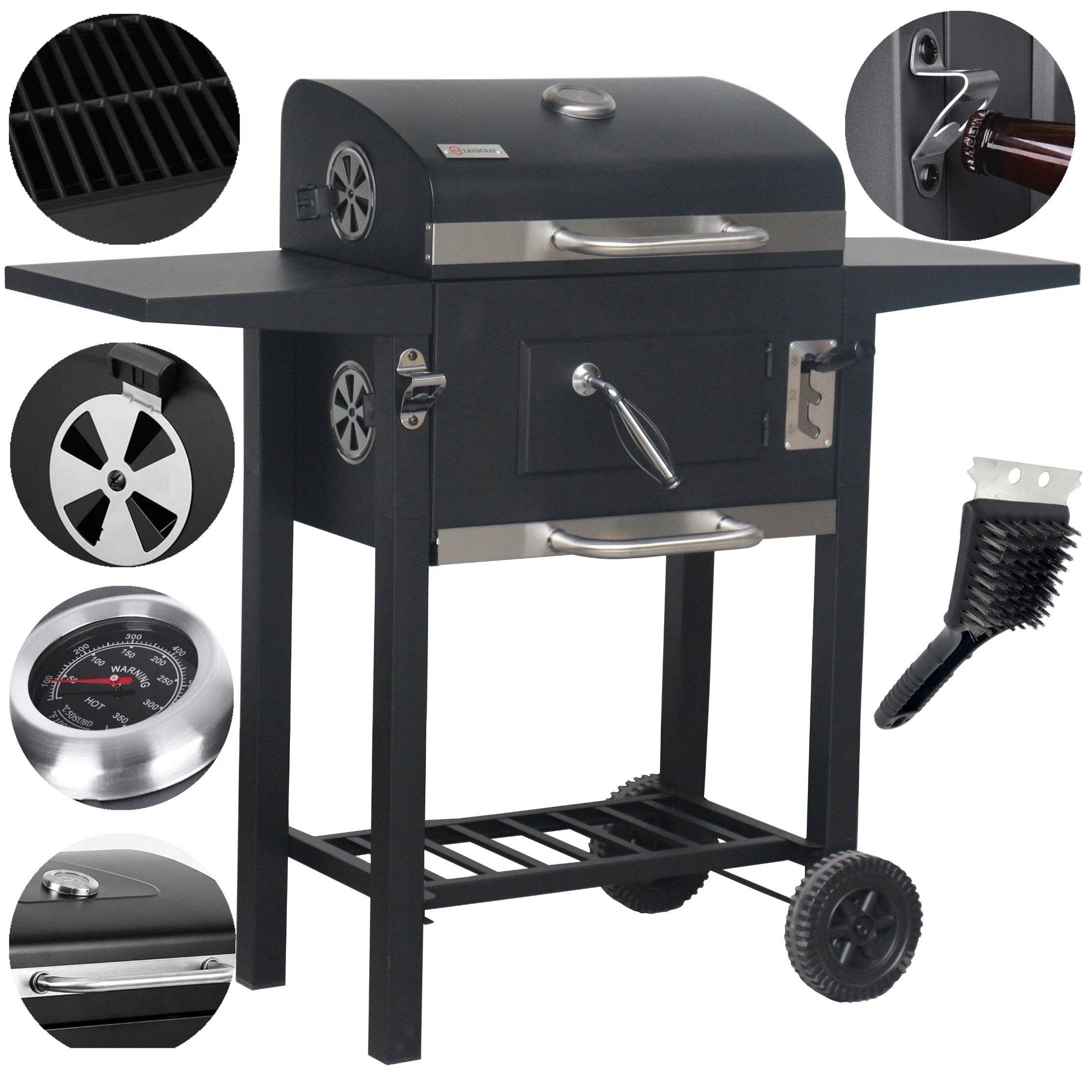 LARGE GARDEN GRILL LANDGRAF + SHELVES + ASHTRAY + CLEANING BRUSH