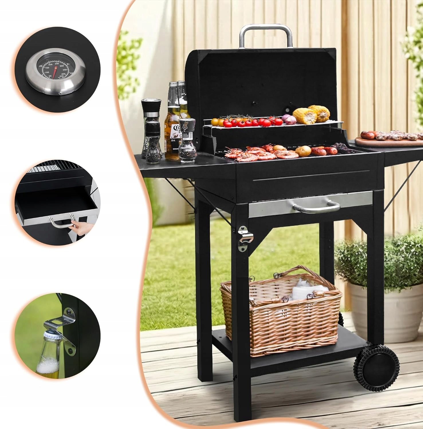 LARGE GARDEN GRILL LANDGRAF + SHELVES + ASHTRAY Grill height 121 cm