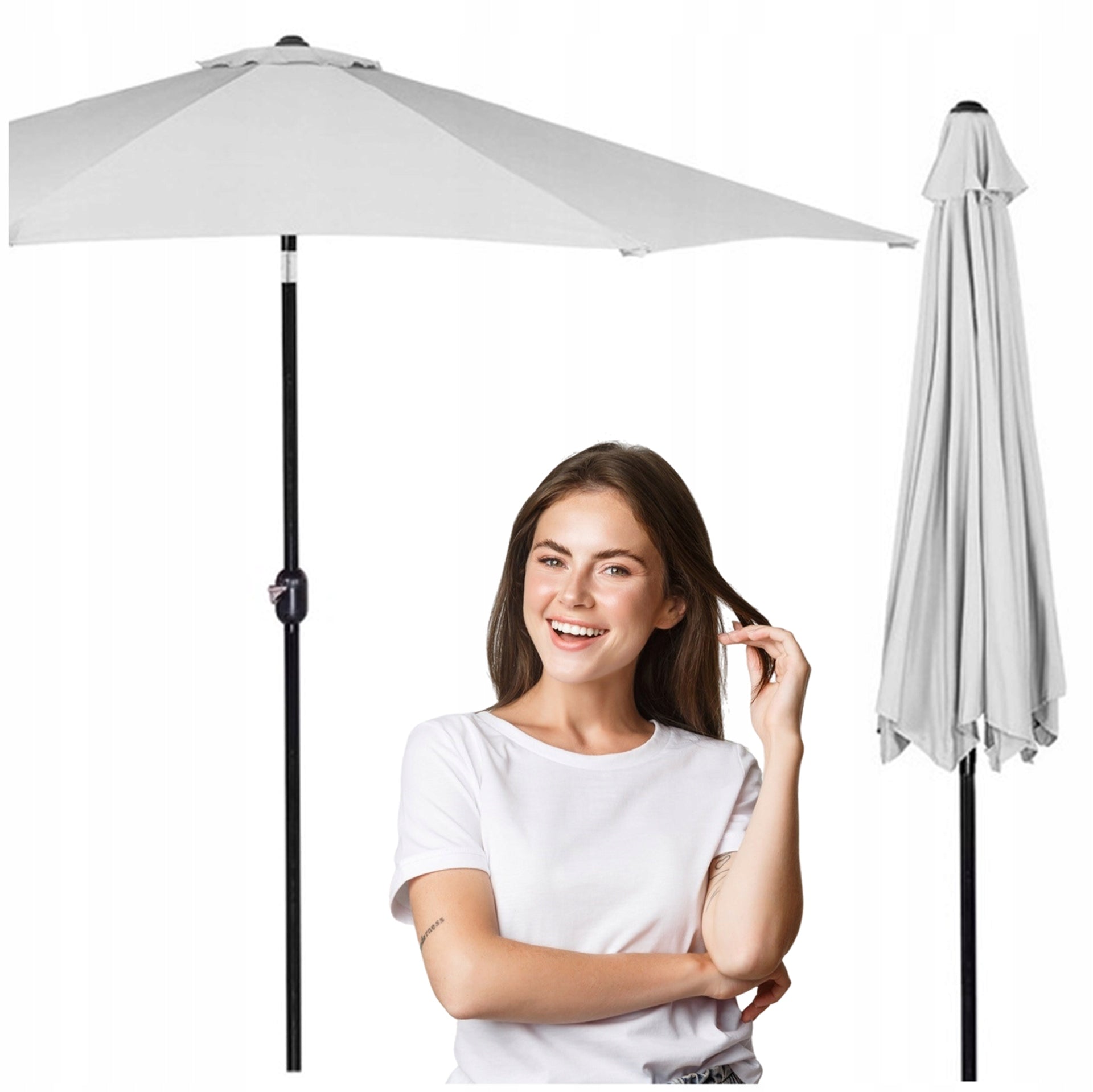 LARGE GARDEN UMBRELLA FOLDING GREY BROKEN STRONG 300cm WITH CRANK SOLID