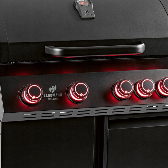 LARGE GAS GRILL LANDMANN CoolBlack5+2 maxX DRAWERS CAST IRON GRATE AT HAND Grill width 150.5 cm
