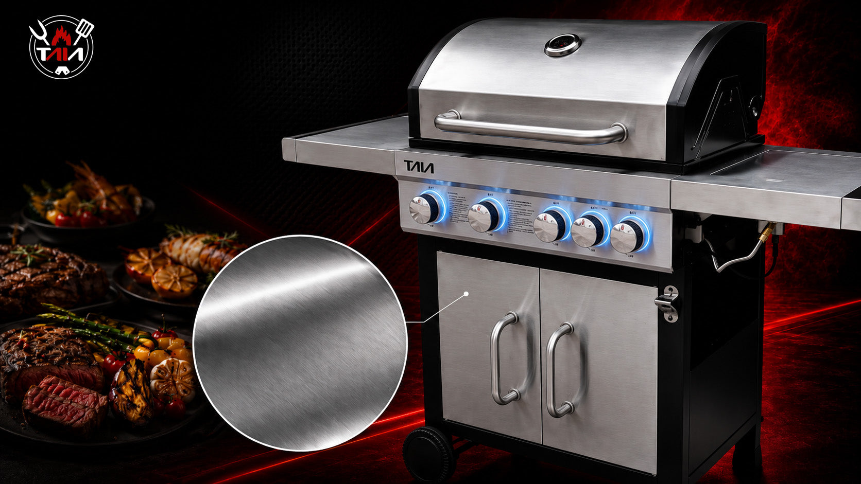 LARGE GAS GRILL TAIA Pro Stainless 5 Burners 17kW Cast Iron BBQ LED Grate Brand TAIA