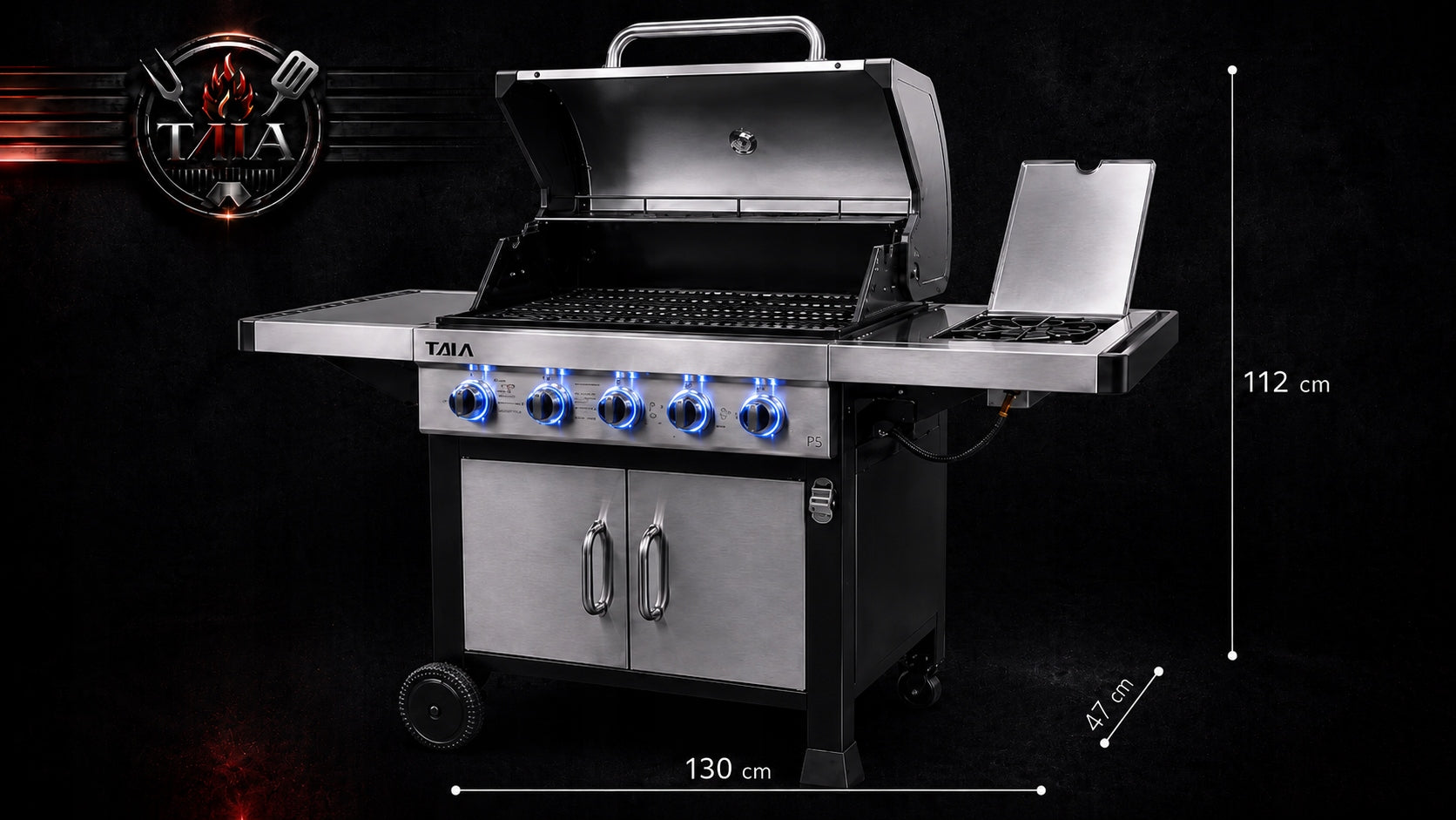 LARGE GAS GRILL TAIA Pro Stainless 5 Burners 17kW Cast Iron BBQ LED Grate Grill width 130 cm