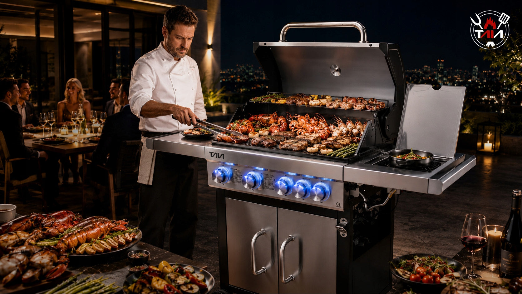LARGE GAS GRILL TAIA Pro Stainless 5 Burners 17kW Cast Iron BBQ LED Grate Manufacturer code Grill gazowy nierdzewny ŻELIWNY TAIA SC5 LED