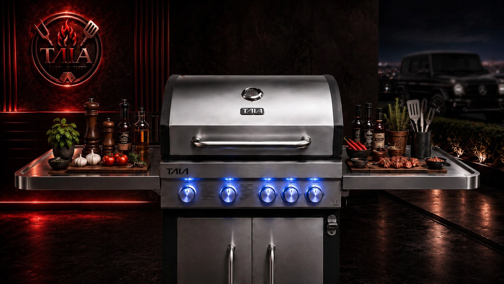 LARGE GAS GRILL TAIA Pro Stainless 5 Burners 17kW Cast Iron BBQ LED Grate Power 17.1 kW