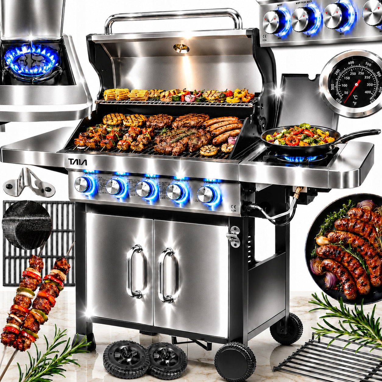 LARGE GAS GRILL TAIA Pro Stainless 5 Burners 17kW Cast Iron BBQ LED Grate