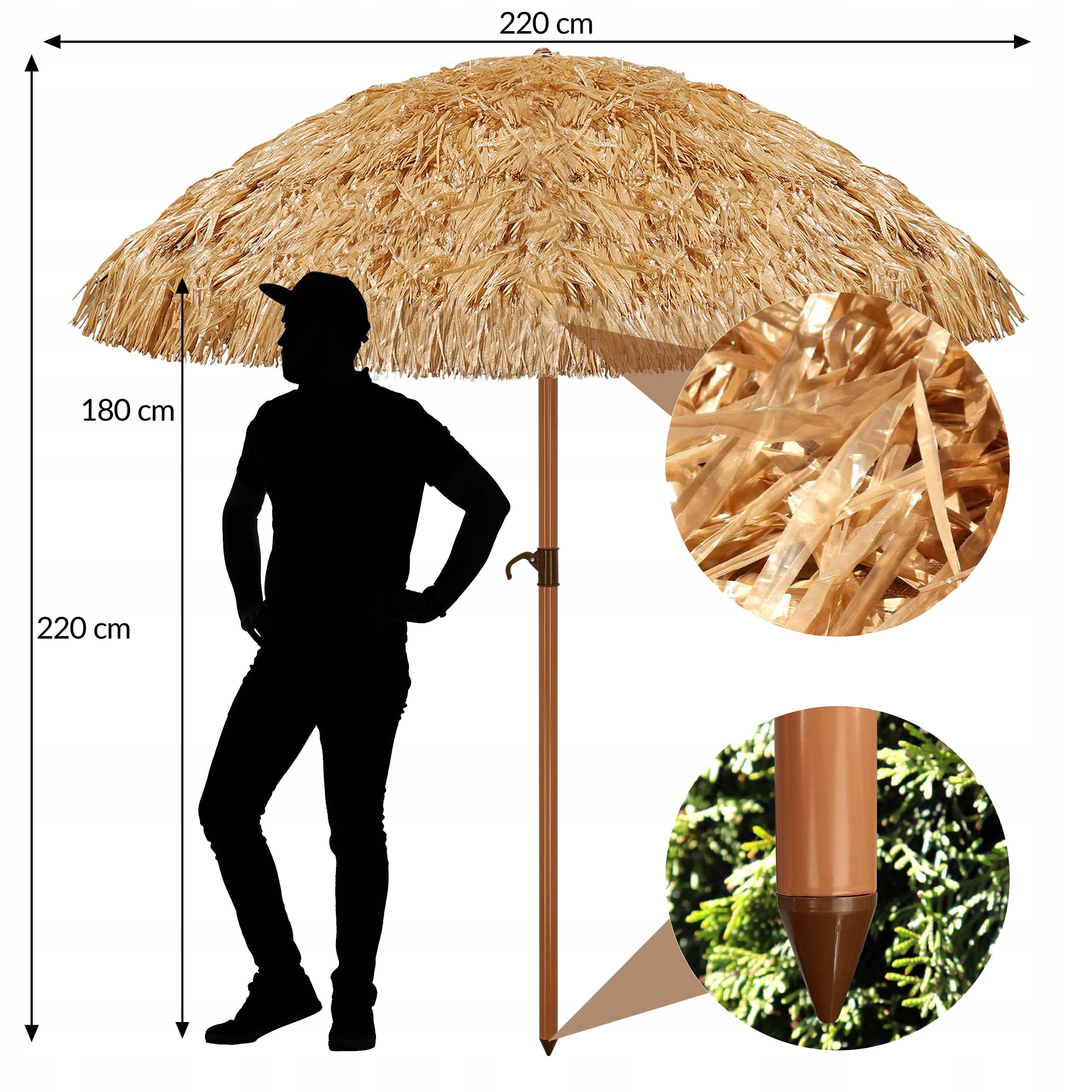 LARGE HAWAIIAN BEACH UMBRELLA 220 CM FOR BALCONY GARDEN + COVER Color beige