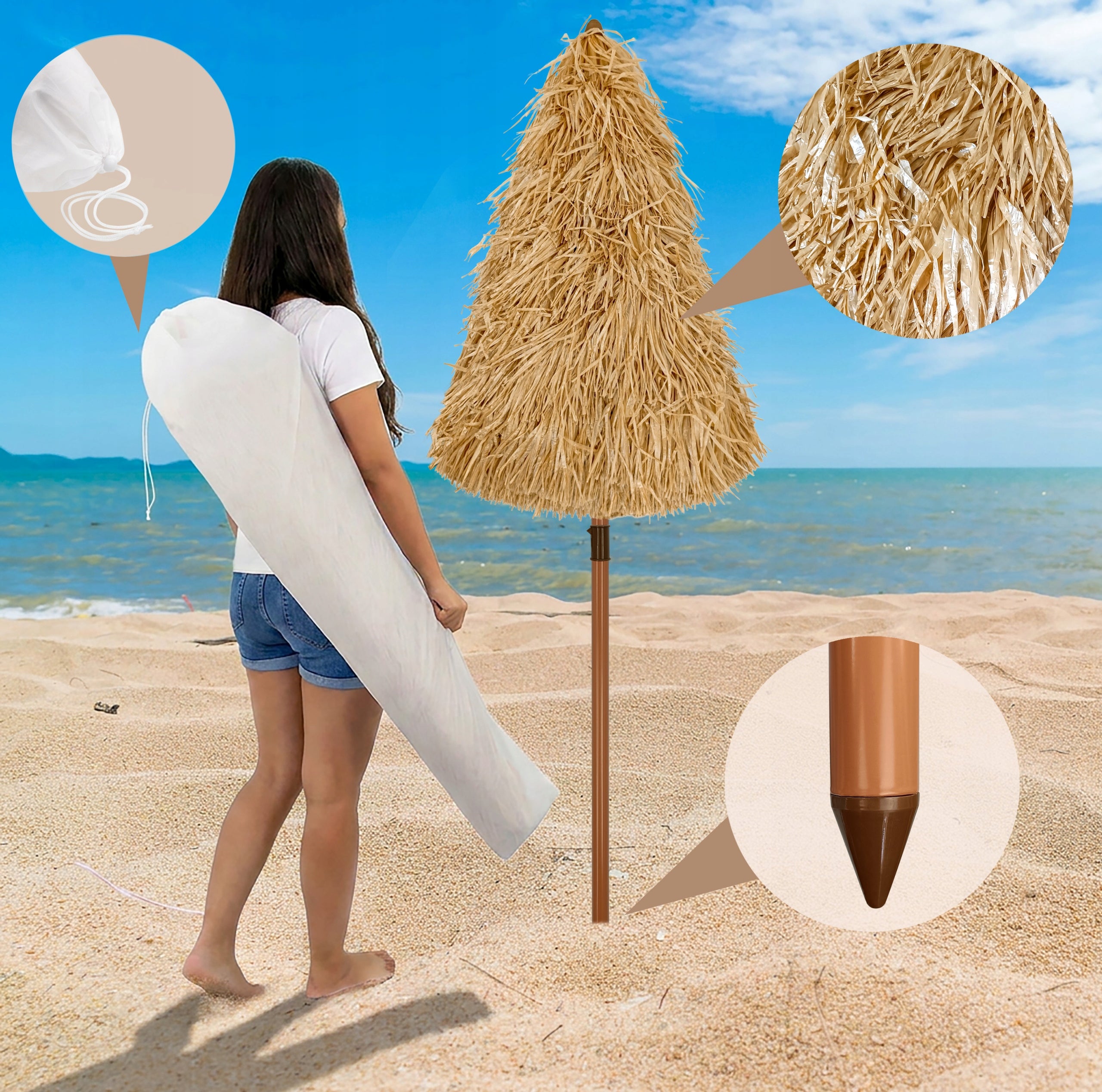 LARGE HAWAIIAN BEACH UMBRELLA 220 CM FOR BALCONY GARDEN + COVER Product height 220 cm