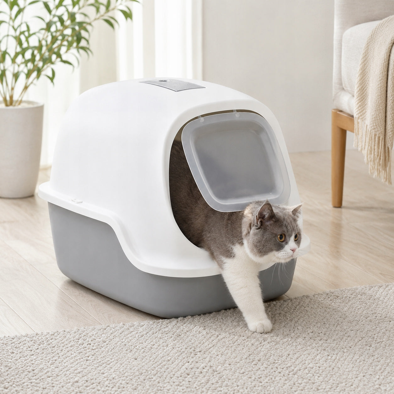 LARGE HIGH CLOSED CAT LITTER BOX, HIGH BOWL NO LITTER SPILLED Packaging status original