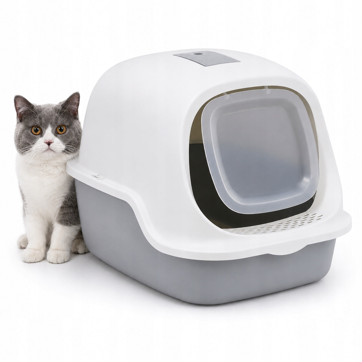 LARGE HIGH CLOSED CAT LITTER BOX, HIGH BOWL NO LITTER SPILLED