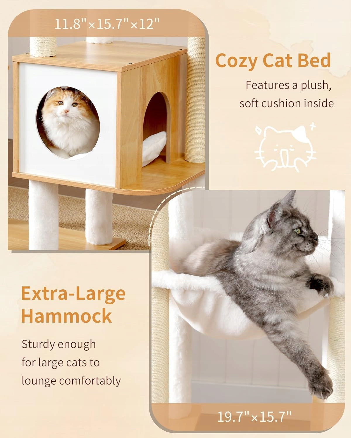 LARGE HIGH SCRATCHING POST FOR CATS WITH BOOTH AND HAMMOCKS 184 CM WALNUT COLOR Height (cm) 161 - 220 cm