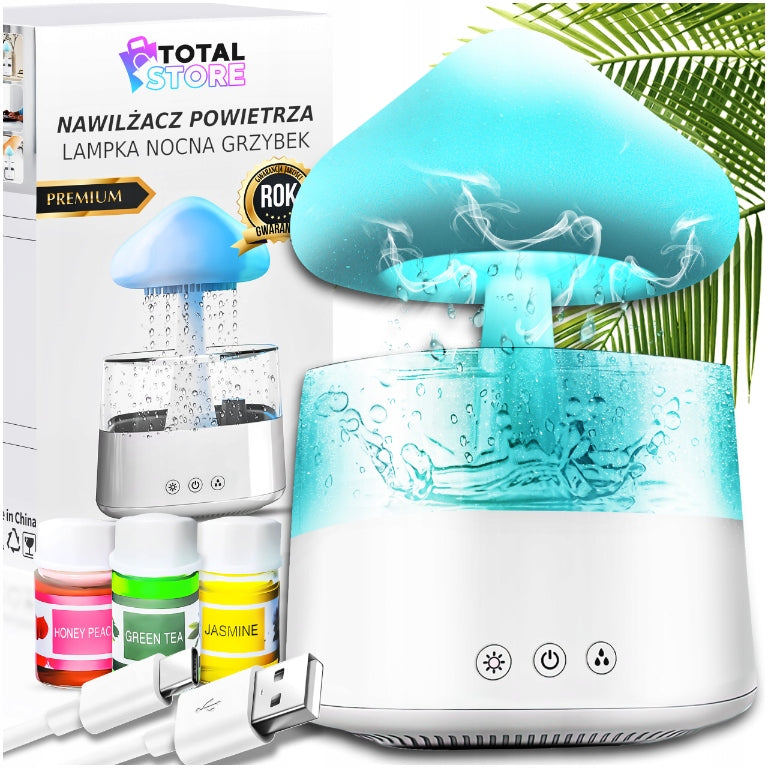LARGE HUMIDIFIER MUSHROOM NIGHT LIGHT DIFFUSER RAIN LED + 3 OILS