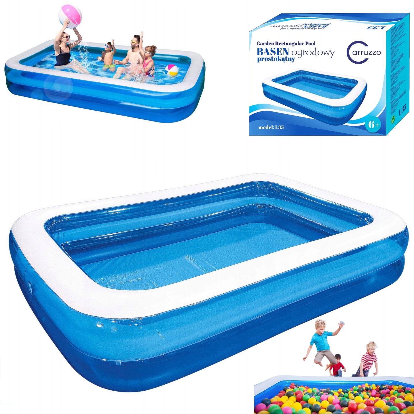 LARGE INFLATABLE GARDEN POOL 262x175x51 cm FAMILY FOR CHILDREN RECTANGULAR