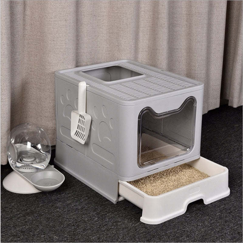 LARGE LITTER BOX CLOSED FOR CAT FOLDING PULL-OUT DRAWER SIEVE RIM GREY Length 51 cm