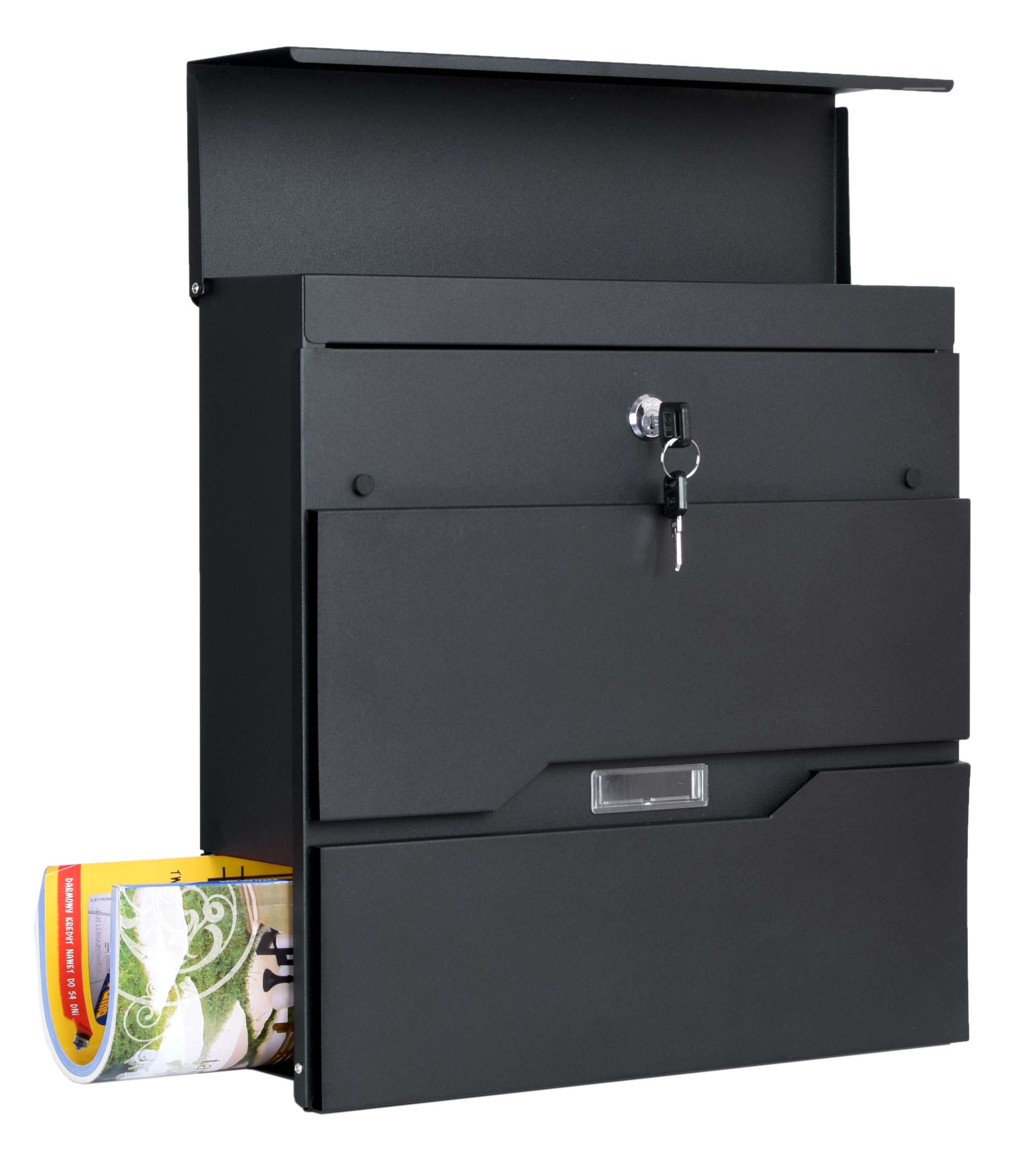 LARGE MAILBOX FOR LETTERS, MAIL, NEWSPAPERS WITH A NEWSPAPER, BLACK STEEL Color black