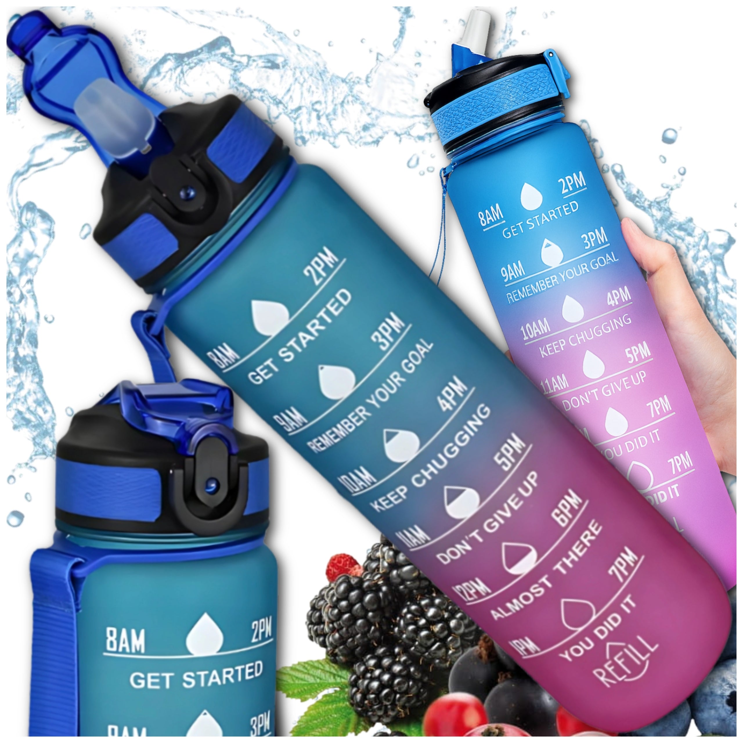 LARGE MOTIVATIONAL WATER BOTTLE WITH HANDLE AND MEASURING CUP FITNESS STRAW Manufacturer code HUILS