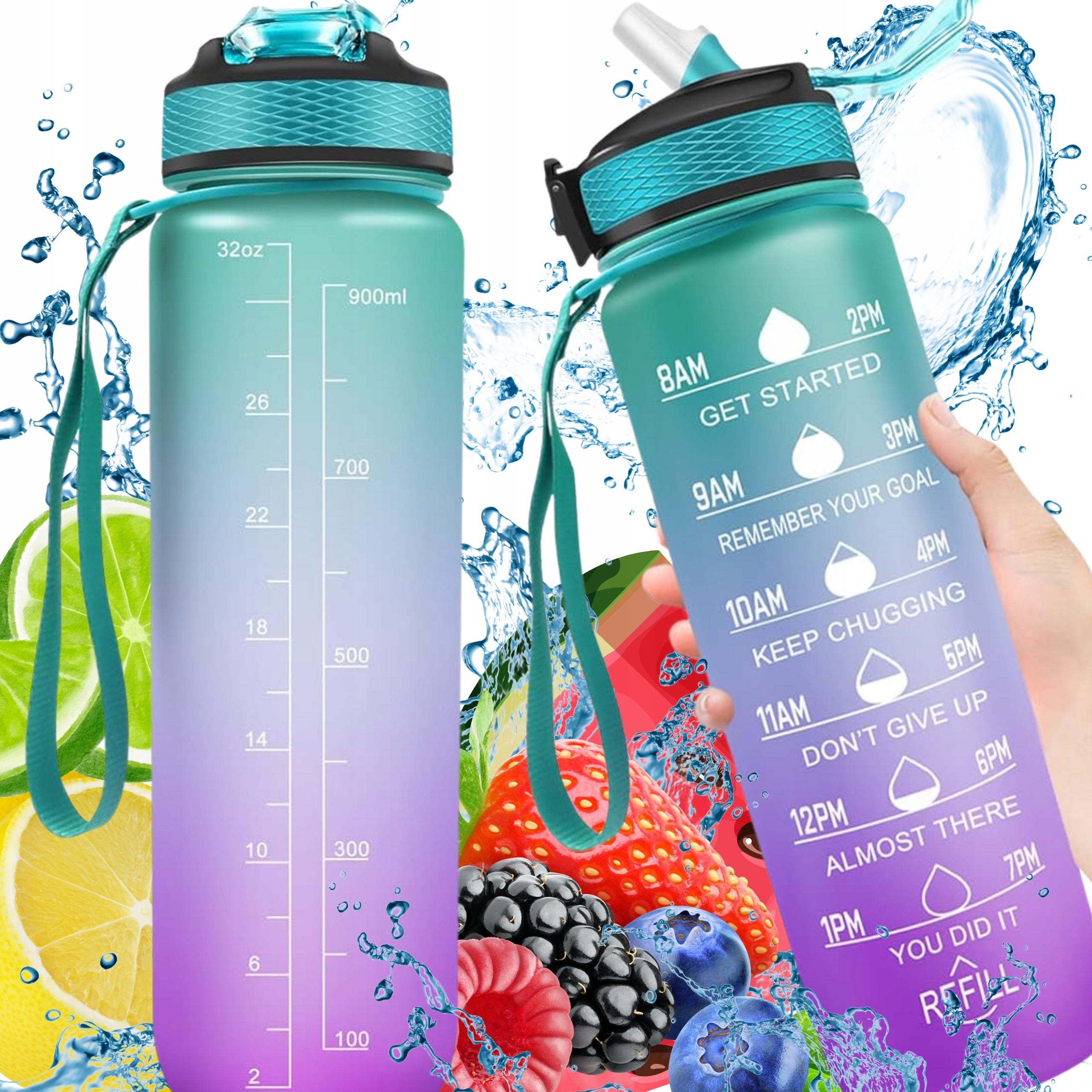 LARGE MOTIVATIONAL WATER BOTTLE WITH HANDLE AND MEASURING CUP FITNESS STRAW