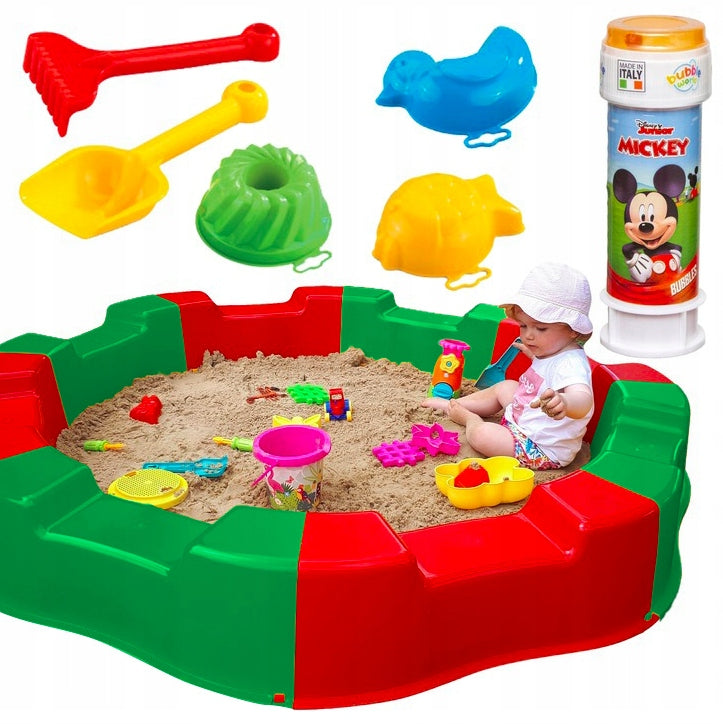 LARGE PLASTIC SANDBOX FOLDING DIFFERENT COLORS + SOAP BUBBLE TOYS