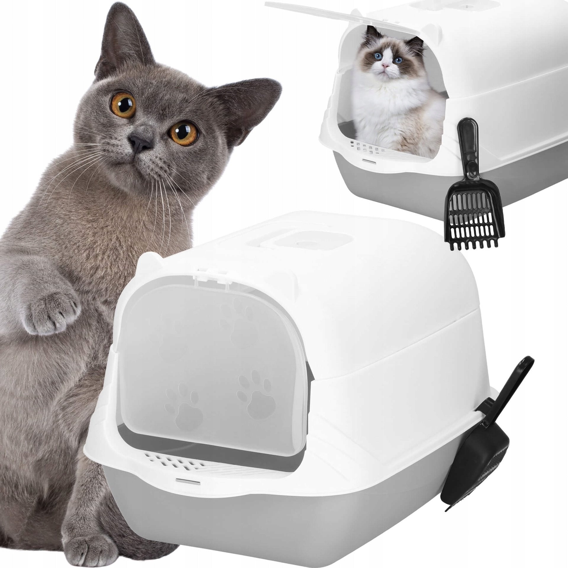 LARGE RABBIT CAT LITTER BOX 49x36cm TOILET CLOSED WITH LITTER XL SPATULA Color gray