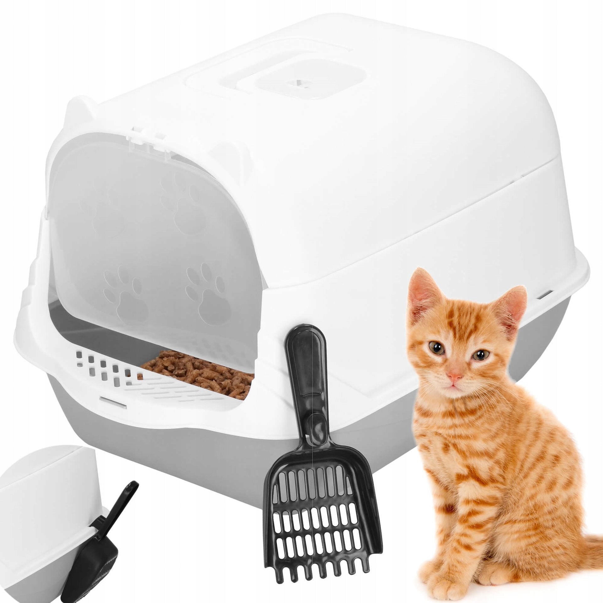 LARGE RABBIT CAT LITTER BOX 49x36cm TOILET CLOSED WITH LITTER XL SPATULA