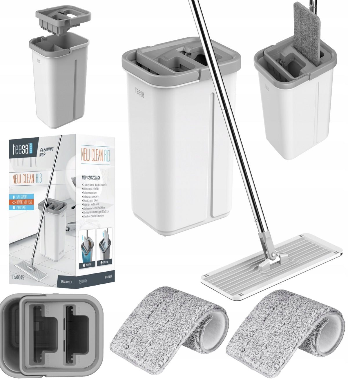LARGE RECTANGULAR FLAT MOP WITH TWO-CHAMBER BUCKET WITH SQUEEZER + 2 CARTRIDGES